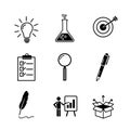 Creativity, research, business idea development black icon set in flat solid style. Ligtbulb, test tube, target, check Royalty Free Stock Photo