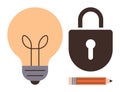 Creativity and Security Concept with Light Bulb, Lock, and Pencil Royalty Free Stock Photo