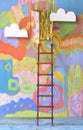 creativity,solution,innovation,idea,thinking out of the box concept, painted wall with ladder of success leading to a door Royalty Free Stock Photo