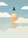 Creativity vector concept with pencil tip flying off as a rocket above clouds into the sky. Symbol of brainstorming