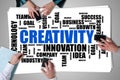 Creativity word cloud concept placed on a desk Royalty Free Stock Photo