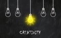 CREATIVITY  Work on Chalk With Glowing Light Bulb Royalty Free Stock Photo