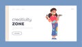 Creativity Zone Landing Page Template. Little Child with Palette, Brush and Dye Spots on Clothes, Face and Hands