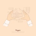 Creator arms metaphor, architect envisioning future house, blueprint measurements of building project banner Royalty Free Stock Photo