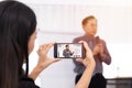 Creator people holding smartphone video recording live streaming to online lecture presentation content. Live internet broadcast