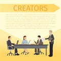 Creators sitting at table and discussing ideas together banner, poster vector illustration. Man working with laptop Royalty Free Stock Photo