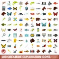 100 creature exploration icons set, flat style