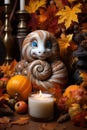 A creaturefigurine sitting next to a candle surrounded by fall leaves. AI.