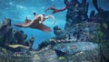 Creatures of the Cambrian period, underwater scene with Anomalocaris, Opabinia, Hallucigenia, Pirania and Dinomischus 3d science