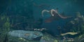 Creatures of the Cambrian period, underwater scene with Anomalocaris, Opabinia, Hallucigenia, Pirania and Dinomischus 3d science Royalty Free Stock Photo