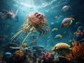 Creatures of the Cambrian period underwater scene with Anomalocaris Opabinia Hallucigenia Pirania and Dinomischus 3d science Royalty Free Stock Photo