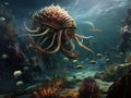 Creatures of the Cambrian period underwater scene with Anomalocaris Opabinia Hallucigenia Pirania and Dinomischus 3d science Royalty Free Stock Photo