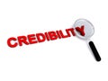 Credibility with magnifying glass on white