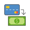 Credit card and banknote, withdraw cash from card, bank and financial related icon, filled outline editable stroke