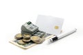 Credit Card ,Calculator with coin ,penl on money banknotes Euro
