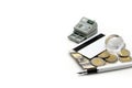 Credit Card ,Calculator with coin ,penl on money banknotes Euro