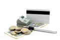 Credit Card ,Calculator with coin ,penl on money banknotes Euro