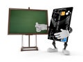 Credit card character with blank blackboard