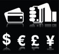 Credit card, currency signs white icons on black Royalty Free Stock Photo