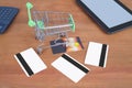 Credit card or debit card on working table ,shopping online Royalty Free Stock Photo