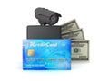 Credit card, dollar bills, wallet and monitoring camera Royalty Free Stock Photo