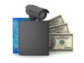 Credit card, dollar bills, wallet and monitoring camera Royalty Free Stock Photo