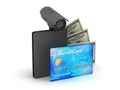 Credit card, dollar bills, wallet and monitoring camera Royalty Free Stock Photo