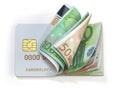 Credit card and euro in cash. Banking, shopping concept. Opening a wallet or bank account in EU Europen Union