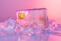 Credit card frozen in ice cube. Frozen bank account. Frozen funds and assets, unavailable money. The concept of bankruptcy and Royalty Free Stock Photo