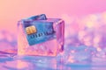Credit card frozen in ice cube. Frozen bank account. Frozen funds and assets, unavailable money. The concept of bankruptcy and Royalty Free Stock Photo