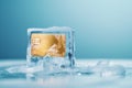 Credit card frozen in ice cube. Frozen bank account. Frozen funds and assets, unavailable money. The concept of bankruptcy and Royalty Free Stock Photo