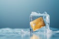 Credit card frozen in ice cube. Frozen bank account. Frozen funds and assets, unavailable money. The concept of bankruptcy and Royalty Free Stock Photo