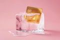 Credit card frozen in ice cube. Frozen bank account. Frozen funds and assets, unavailable money. The concept of bankruptcy and Royalty Free Stock Photo