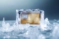 Credit card frozen in ice cube. Frozen bank account. Frozen funds and assets, unavailable money. The concept of bankruptcy and Royalty Free Stock Photo