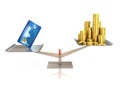Credit card and golden coins on balance scale