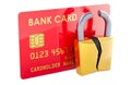 Credit card hacking, concept. Credit bank card with broken padlock, 3D rendering