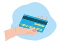 Credit card in hand unfolded on blue background vector illustration