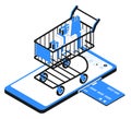 Credit card is inserted into Smartphone and Shopping Cart. Isometric vector illustration isolated on white background. eps10 Royalty Free Stock Photo