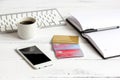 Credit card, keyboard, smartphone and coffee cup on wooden background Royalty Free Stock Photo