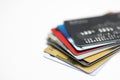 Credit card on laptop, online shoppingStack of multicolored credit cards close-up Royalty Free Stock Photo