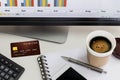 Credit card, mobile phone and a cup of coffee on white table. Royalty Free Stock Photo