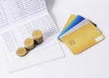 Credit card and money coins stack on book bank for loan money co Royalty Free Stock Photo