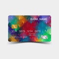 Colourful geometric credit card design. On the white background. Glossy plastic style.