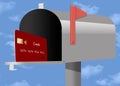 Credit card offers and promotions in envelopes are seen from the inside of a mailbox looking outward. A close up, wide angle view