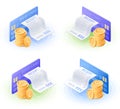 The credit card, online bill payment, stack of euro and dollar coins Royalty Free Stock Photo