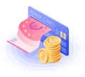The credit card, paper euro, stack of coins. Isometric vector.