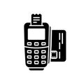 Credit Card Pay on Terminal NFC Technology Silhouette Icon. Contactless Payment on POS Glyph Pictogram. Tap Bank Card to