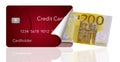 A credit card is peeled back to reveal a two hundred Euro bill inside. This illustrates carrying a card instead of cash or any