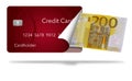 A credit card is peeled back to reveal a two hundred Euro bill inside. This illustrates carrying a card instead of cash or any