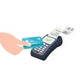 Credit card processing service. Hands close up accept contactless payments using terminal machine.